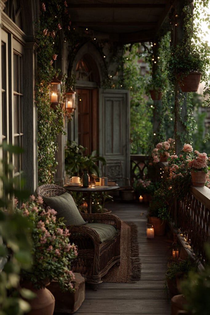 A whimsical cottagecore balcony with a wicker chair, glowing lanterns, fairy lights, climbing vines, blooming pink flowers, terracotta pots, and cozy evening lighting creating a magical vintage-inspired outdoor retreat.