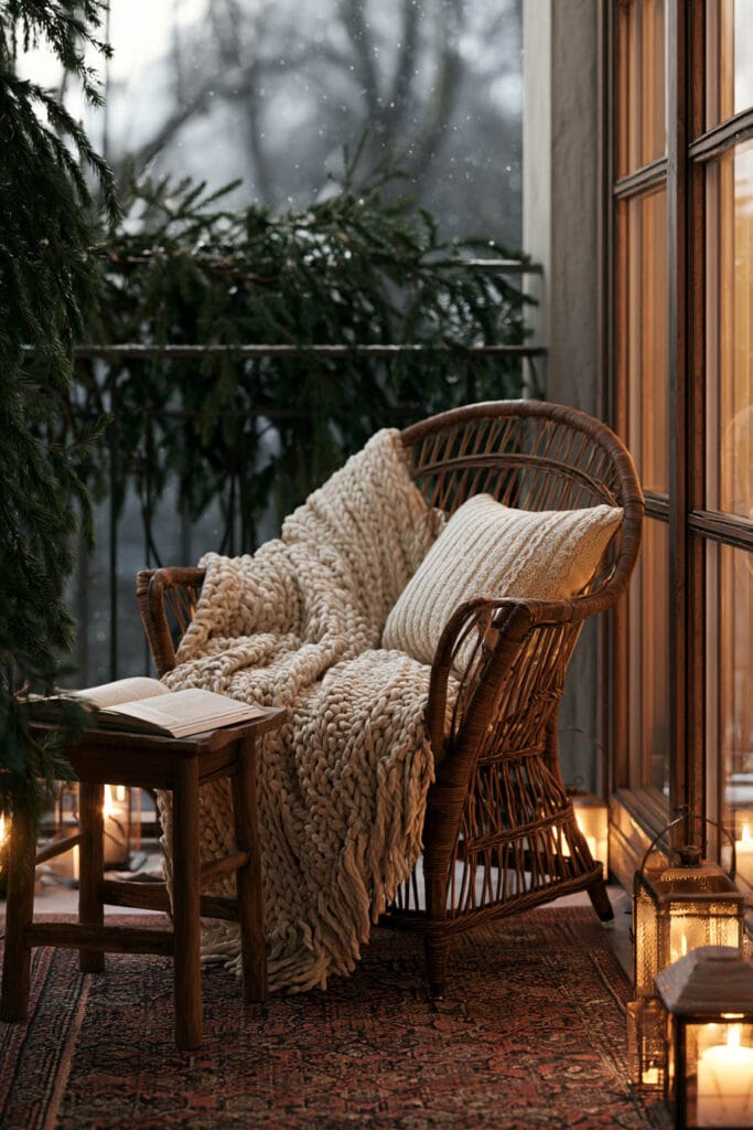 A cozy cottagecore balcony featuring a wicker chair with a chunky knit throw, soft knit pillow, glowing lanterns, evergreen garland, rustic wood furniture, and warm evening ambiance for year-round outdoor living.