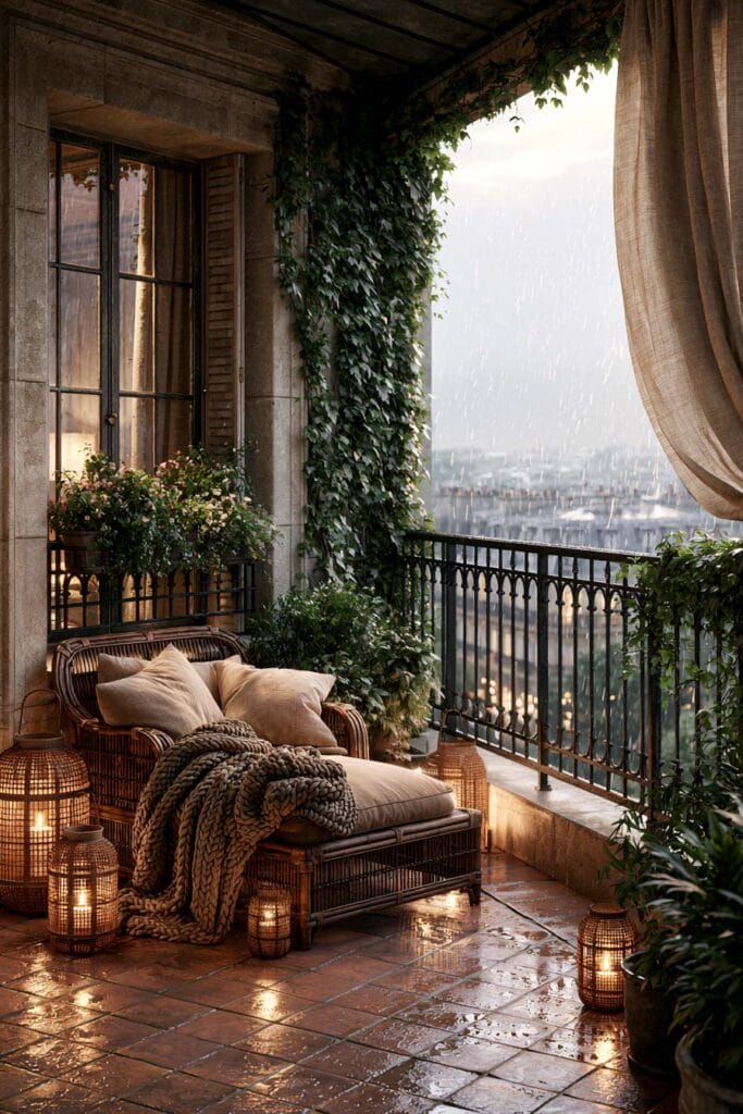 Cozy European balcony on a rainy evening with wicker chaise lounge, glowing lanterns, linen curtains, terracotta tile floor, climbing ivy, and warm ambient lighting.