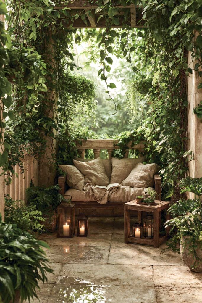 Hidden secret garden small balcony with hanging plants, climbing vines, cozy wooden loveseat, rustic lanterns, lush greenery, and a peaceful European-inspired outdoor retreat.