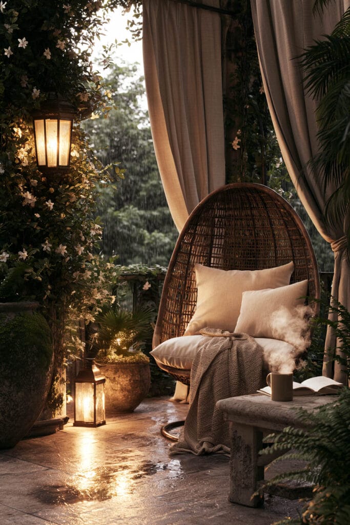 Lush balcony garden on a rainy day with a wicker egg chair, flowing linen curtains, climbing jasmine, glowing lanterns, wet stone flooring, and layered greenery creating a cozy secret retreat.