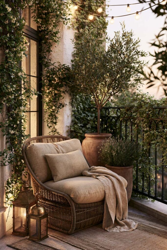Romantic European balcony with a woven lounge chair, climbing jasmine, olive tree, string lights, vintage lanterns, and lush greenery creating a small private outdoor retreat.