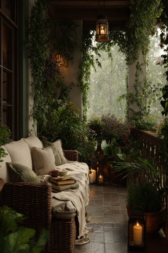 Small cottagecore apartment balcony with a cozy wicker sofa, lush climbing vines, glowing lanterns, candlelight, rain-soaked flooring, and abundant flowering plants creating a peaceful cottage garden retreat.