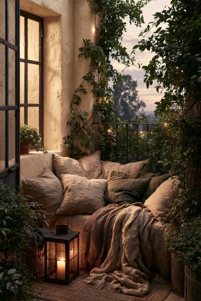 Beautiful European balcony with built-in daybed seating, linen cushions, climbing vines, lantern, string lights, lush greenery, and a cozy private outdoor retreat.