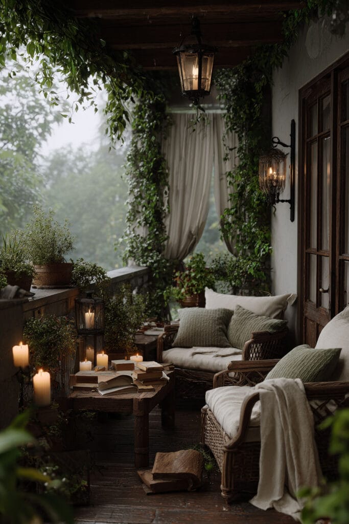 A cozy cottagecore balcony with wicker lounge chairs, linen cushions, glowing lanterns, candles, climbing vines, flowing curtains, vintage books, and lush greenery creating a magical outdoor reading nook.