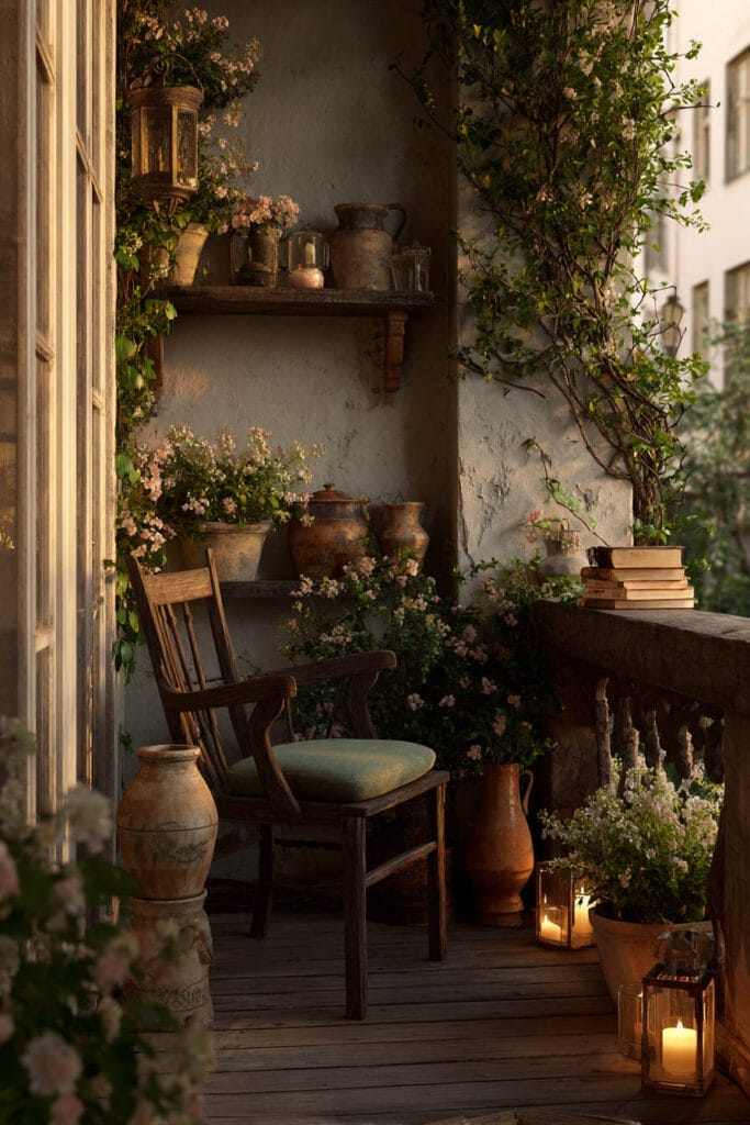 A charming cottagecore balcony reading nook with a vintage wooden chair, climbing vines, terracotta pottery, rustic shelves, lantern candlelight, flowering plants, and weathered wood flooring creating a cozy outdoor retreat.
