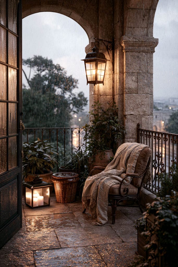 Cozy European balcony in the rain with stone arches, wrought iron railing, glowing wall lantern, cushioned lounge chair, candle lantern, and classic European architecture.