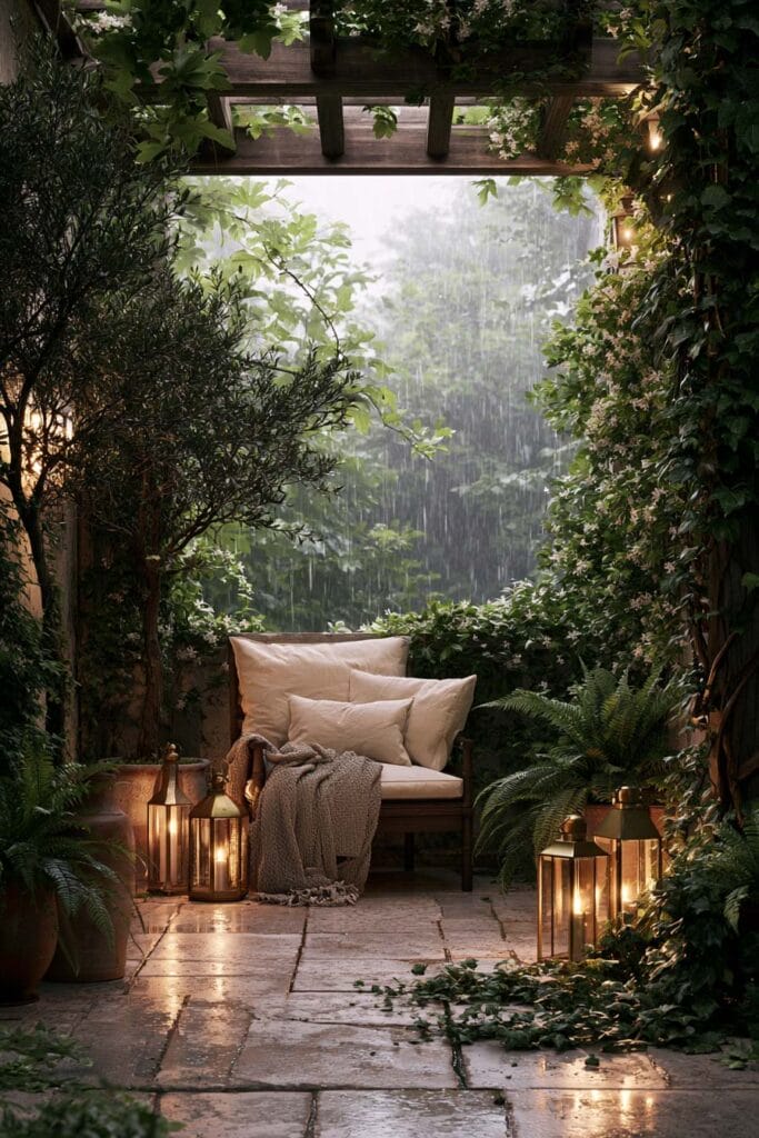 Hidden secret garden balcony in the rain with glowing lanterns, flowering climbing vines, cozy lounge chair, lush greenery, and wet stone flooring creating a peaceful European-inspired retreat.
