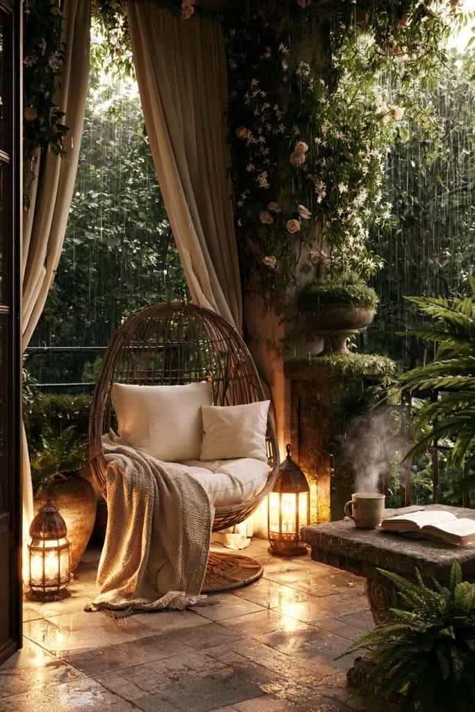 Lush balcony garden on a rainy day with a wicker egg chair, linen curtains, climbing roses, mossy planters, glowing lanterns, steaming tea, and layered greenery creating a cozy secret retreat.