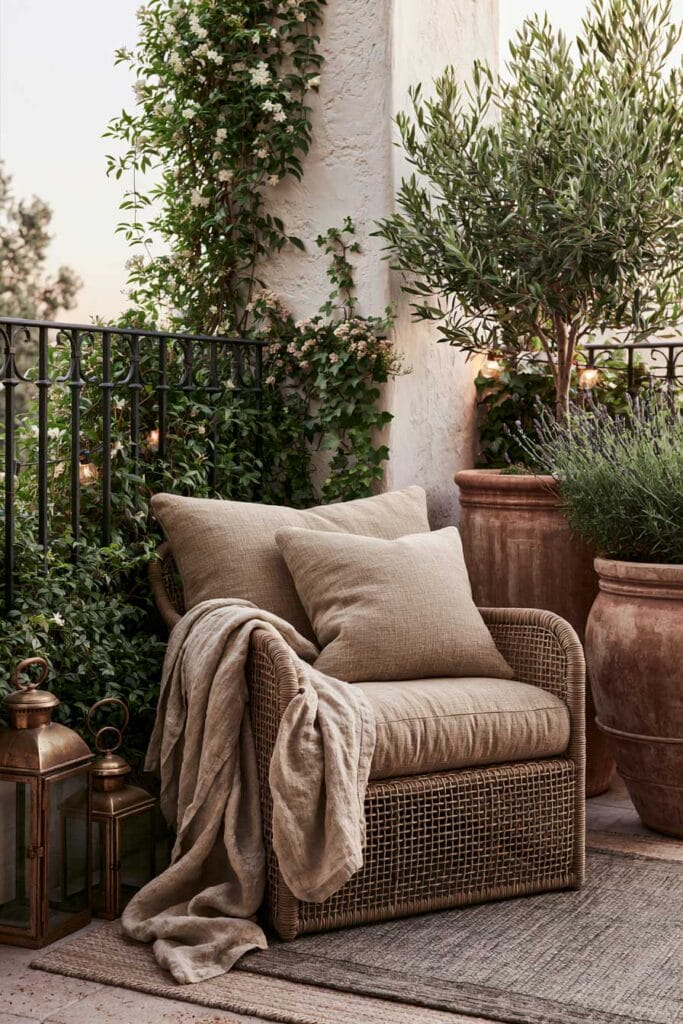 Romantic European balcony with a wicker lounge chair, olive tree, terracotta planters, climbing jasmine, vintage lanterns, and lush greenery creating a cozy private outdoor retreat.