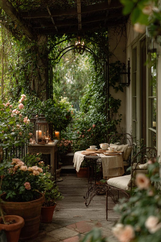Small cottagecore apartment balcony with a vintage bistro table, cozy chairs, climbing vines, blooming roses, glowing lanterns, terracotta planters, and lush greenery creating a hidden cottage garden retreat.