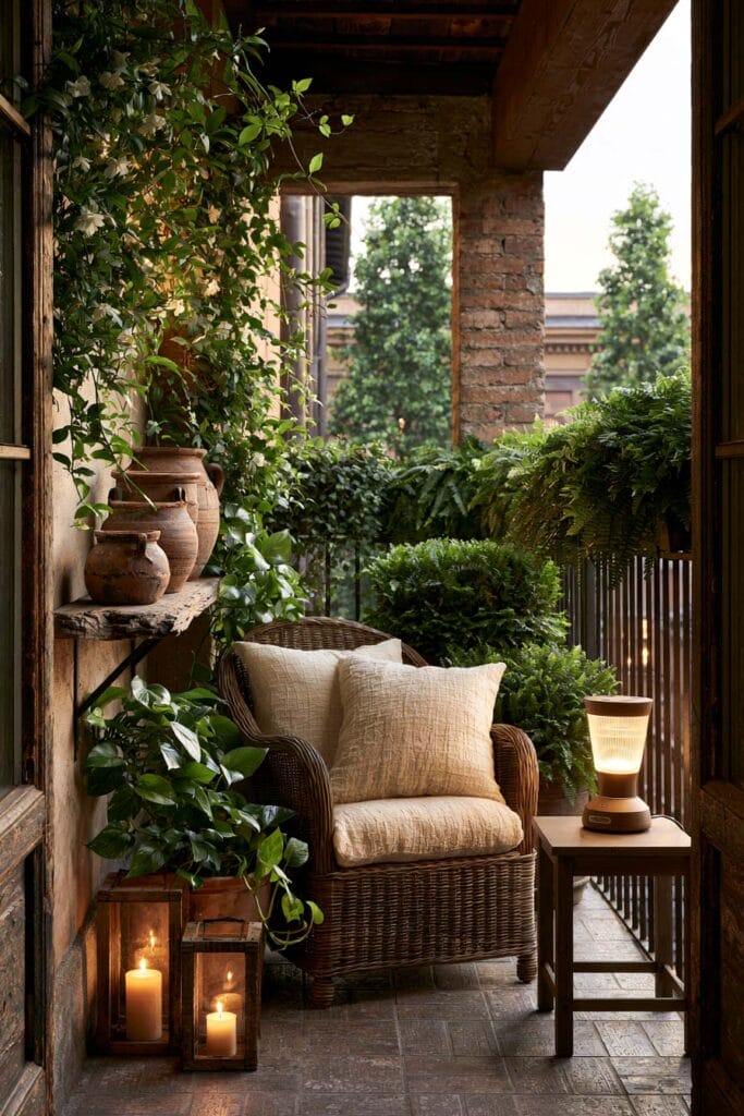 Tiny secret garden balcony with wicker chair, climbing jasmine, terracotta pots, candles, lush greenery, and cozy European balcony decor.
