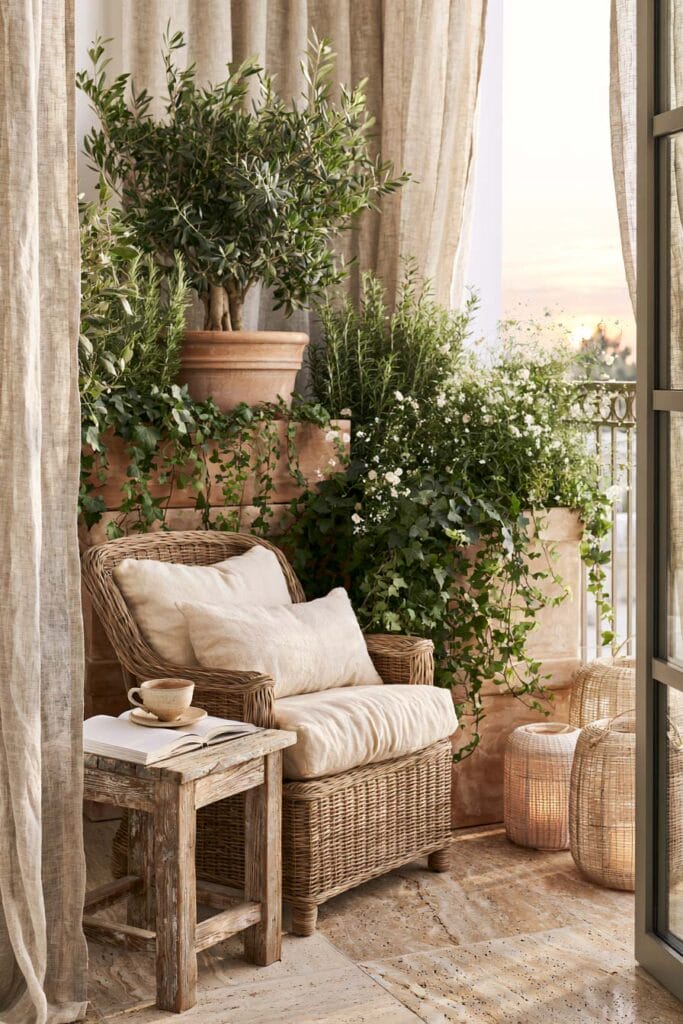 Beautiful European balcony with a woven armchair, flowing linen curtains, olive tree, terracotta planters, cascading ivy, rustic wooden side table, woven lanterns, and a cozy private outdoor retreat.