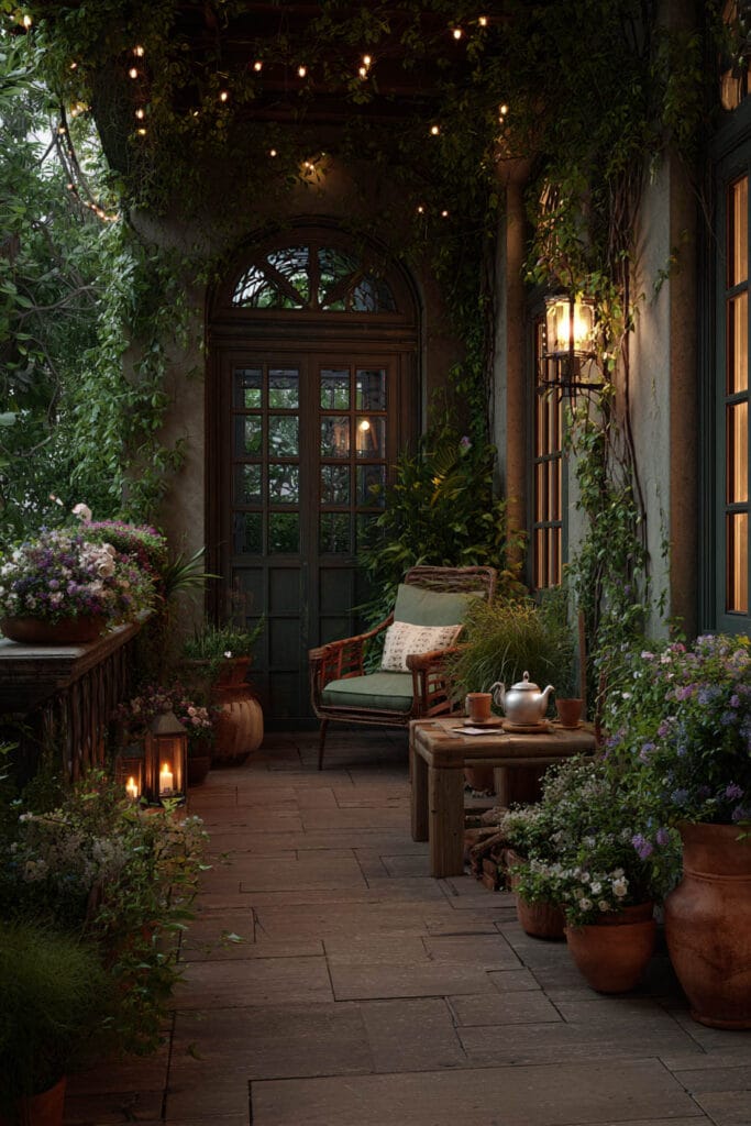 A whimsical cottagecore balcony with glowing fairy lights, vintage lanterns, climbing vines, terracotta flower pots, cozy outdoor seating, and a rustic tea table creating a magical evening garden retreat.