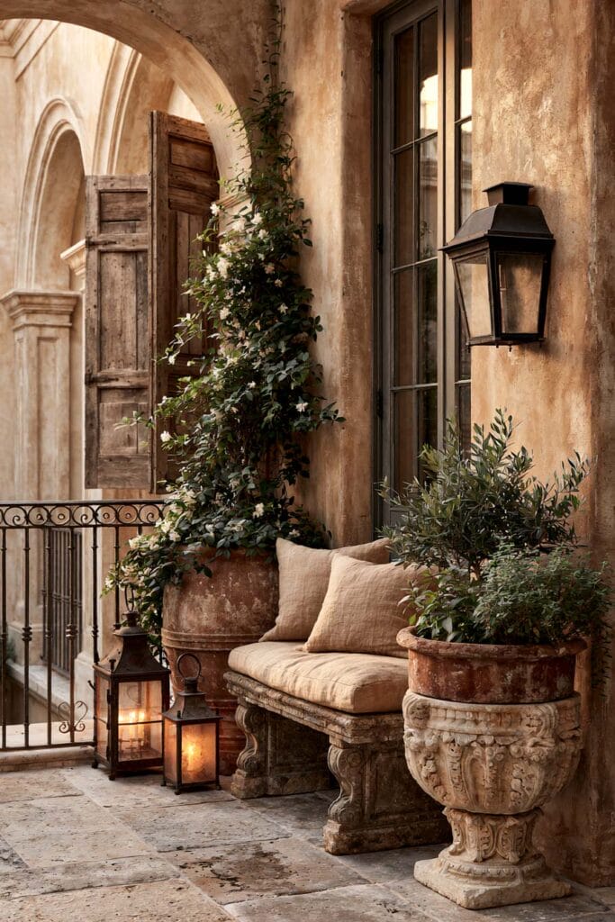 Cozy European balcony with old-world stone architecture, carved stone bench, antique lanterns, terracotta planters, climbing vines, rustic shutters, and timeless Mediterranean charm.