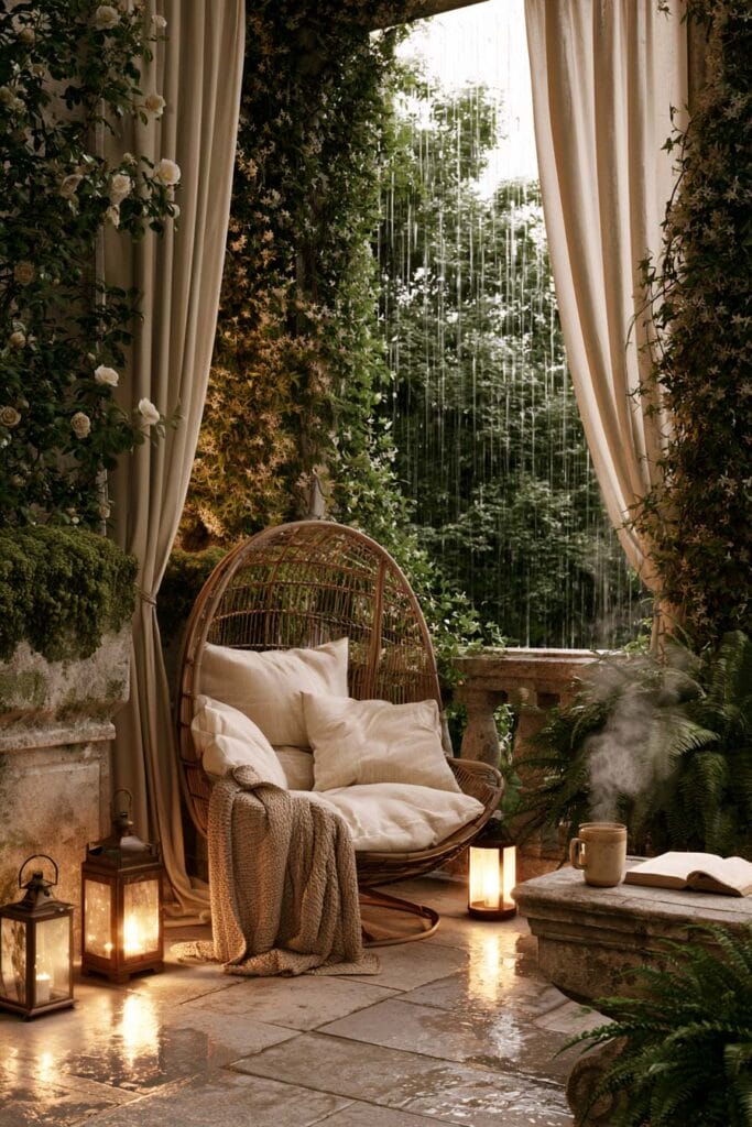 Hidden secret garden balcony in the rain with flowing linen curtains, wicker lounge chair, glowing lanterns, flowering vines, wet stone flooring, and cozy European-inspired outdoor decor.