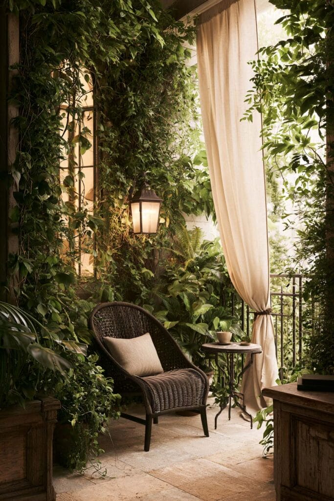 Lush balcony garden with climbing vines, flowing linen curtains, wicker chair, tropical plants, warm lantern, and layered greenery creating a cozy secret outdoor retreat.