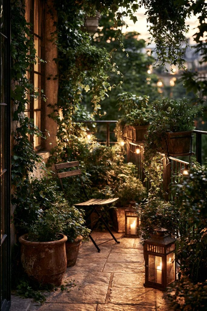 Narrow secret garden balcony with cascading vines, planter boxes, lanterns, string lights, lush greenery, and cozy European balcony decor.