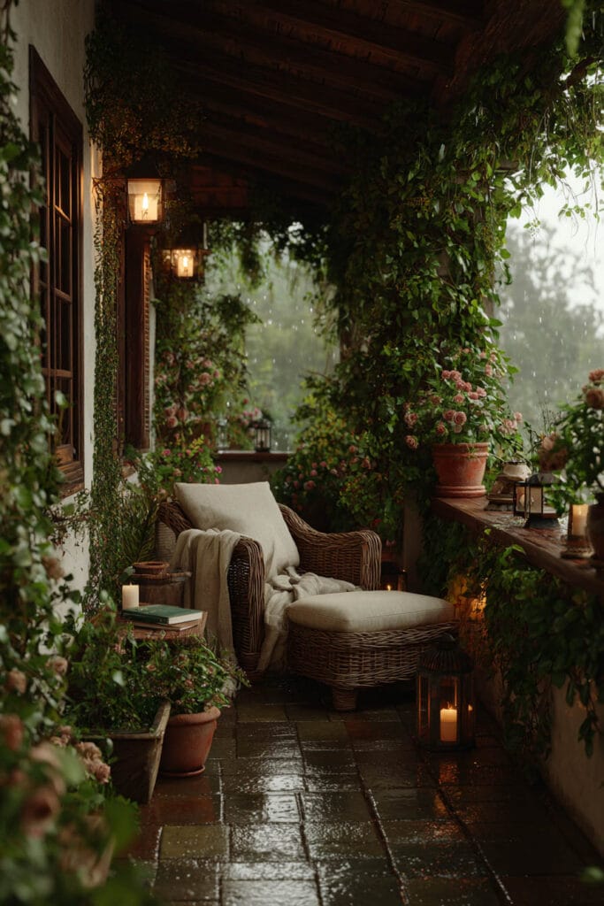 Small cottagecore apartment balcony with a cozy wicker lounge chair, soft linen cushions, climbing vines, blooming roses, glowing lanterns, rain-soaked tile flooring, and lush greenery creating a peaceful hidden garden retreat.