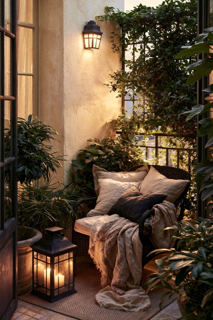 Romantic European balcony with a cozy lounge chair, warm lanterns, wall sconce, lush greenery, climbing vines, linen pillows, and soft evening lighting creating a private outdoor retreat.