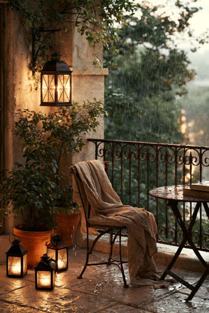Beautiful European balcony on a rainy evening with glowing lanterns, wrought iron bistro table and chair, warm stone walls, candlelight, rain, and cozy European outdoor decor.