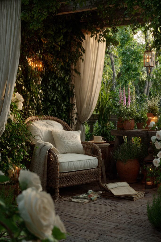 A cozy cottagecore balcony with a wicker reading chair, flowing linen curtains, glowing lanterns, climbing vines, terracotta planters, vintage books, and lush greenery creating a magical outdoor reading retreat.