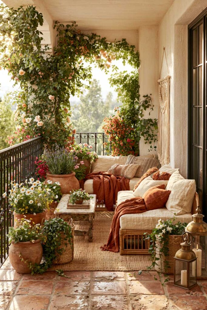 Cozy European balcony with warm earthy colors, terracotta planters, wicker sofas, blooming flowers, weathered wood coffee table, climbing vines, and Mediterranean-inspired decor.