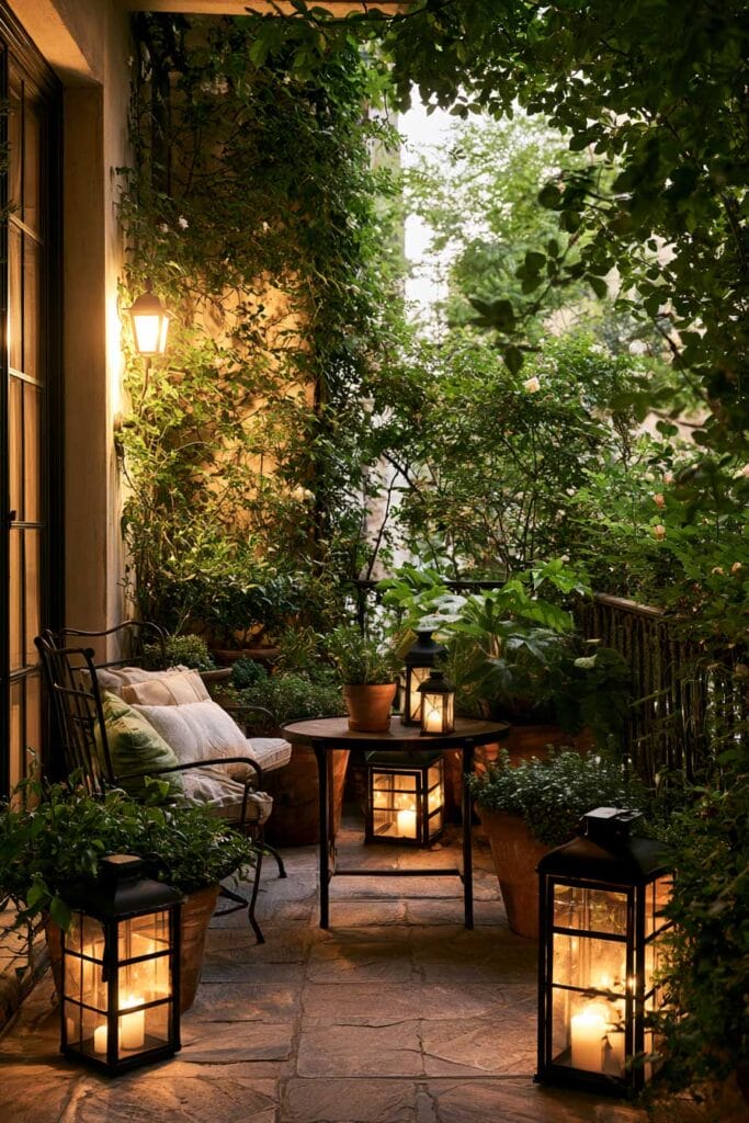 Hidden secret garden balcony with glowing lanterns, climbing vines, lush greenery, wrought iron loveseat, café table, and cozy European-inspired outdoor decor.