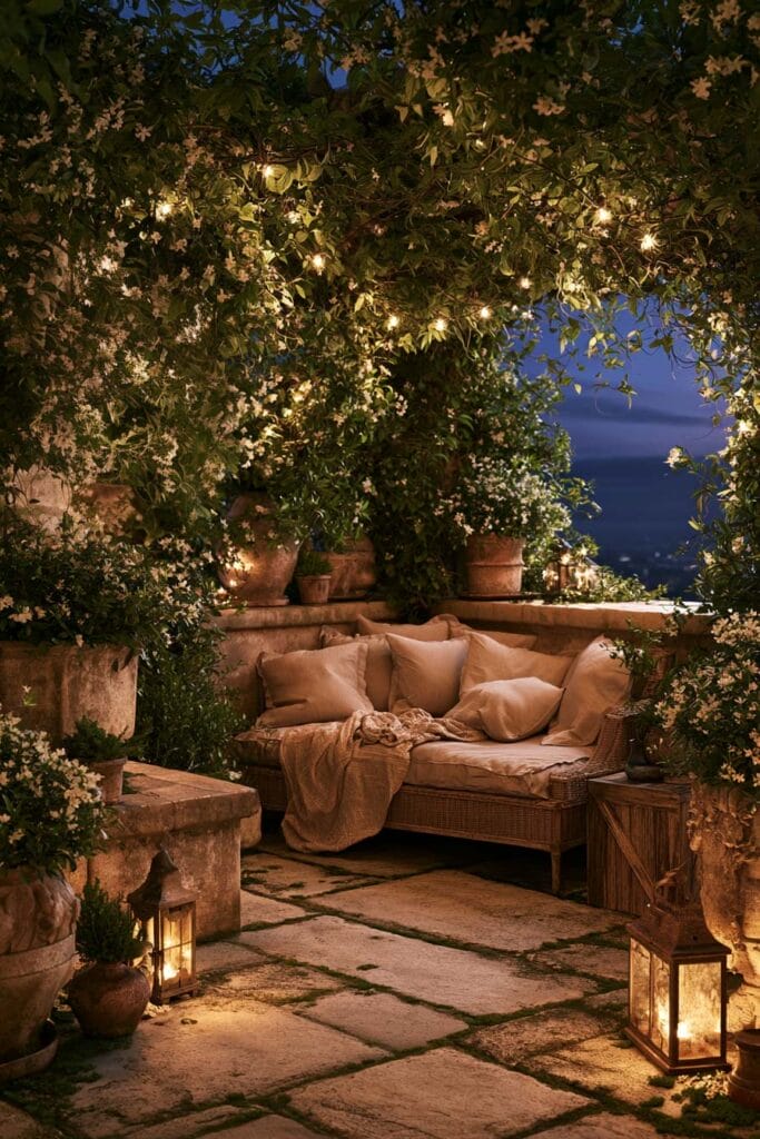 Lush balcony garden at night with flowering vine canopy, wicker sofa, warm lanterns, weathered stone patio, white flowers, and layered greenery creating a magical secret outdoor retreat.