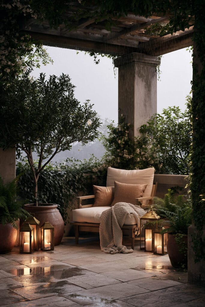 Rainy secret garden balcony with cozy lounge chair, lanterns, climbing vines, pergola, lush greenery, and European outdoor decor.