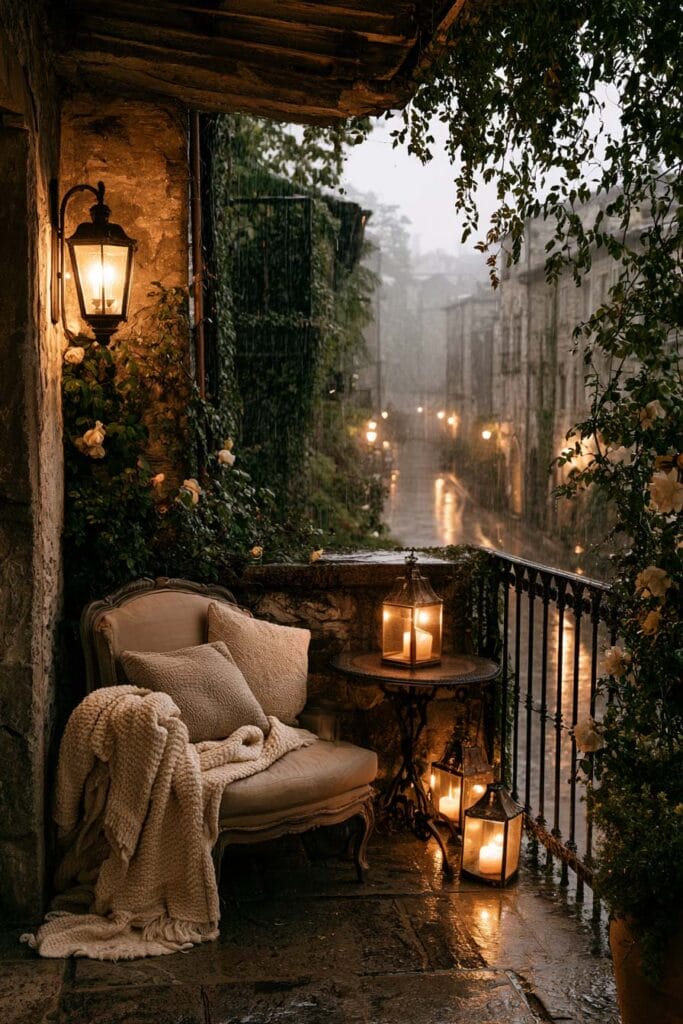 Romantic European balcony on a rainy evening with glowing lanterns, vintage chair, cozy knit blanket, climbing roses, candlelight, and old stone architecture overlooking a charming European street.