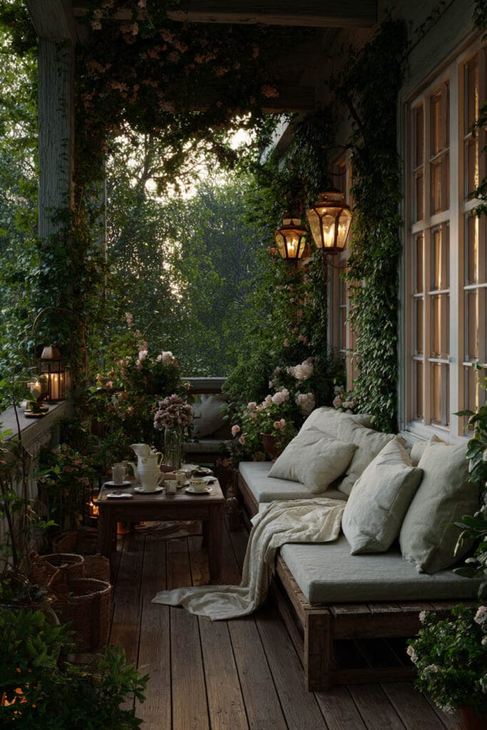 Small cottagecore apartment balcony with a cozy outdoor sofa, soft linen cushions, vintage lanterns, climbing vines, blooming flowers, rustic wood flooring, and a charming tea table creating a peaceful cottage garden retreat.