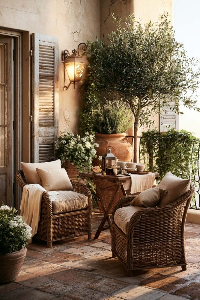 Beautiful European balcony with woven lounge chairs, terracotta planters, olive tree, rustic shutters, warm lantern lighting, and Italian courtyard-inspired decor.
