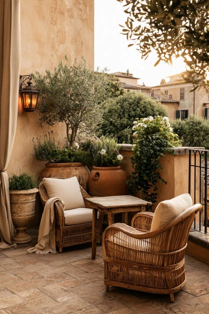 Cozy European balcony with wicker chairs, rustic wood table, terracotta pots, olive tree, stone flooring, and warm Mediterranean styling overlooking a charming village.