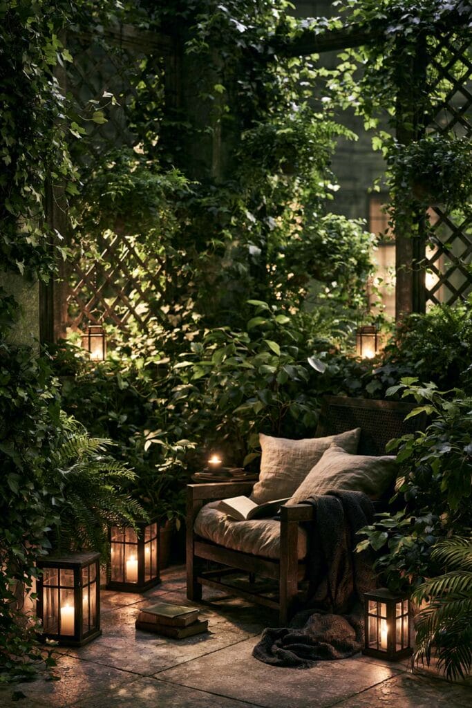 Hidden secret garden balcony with cozy reading chair, glowing lanterns, climbing vines, lush greenery, and warm evening lighting creating a private outdoor retreat.