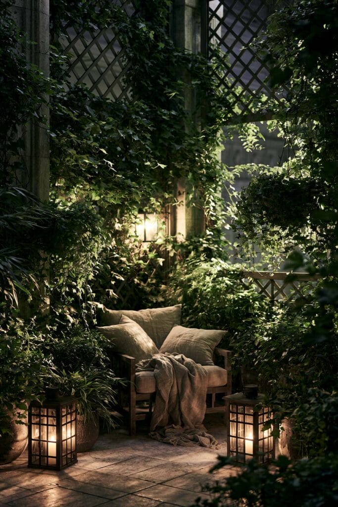 Lush secret balcony garden at night with climbing vines, trellis walls, glowing lanterns, cozy lounge chair, and layered greenery creating a private outdoor retreat.