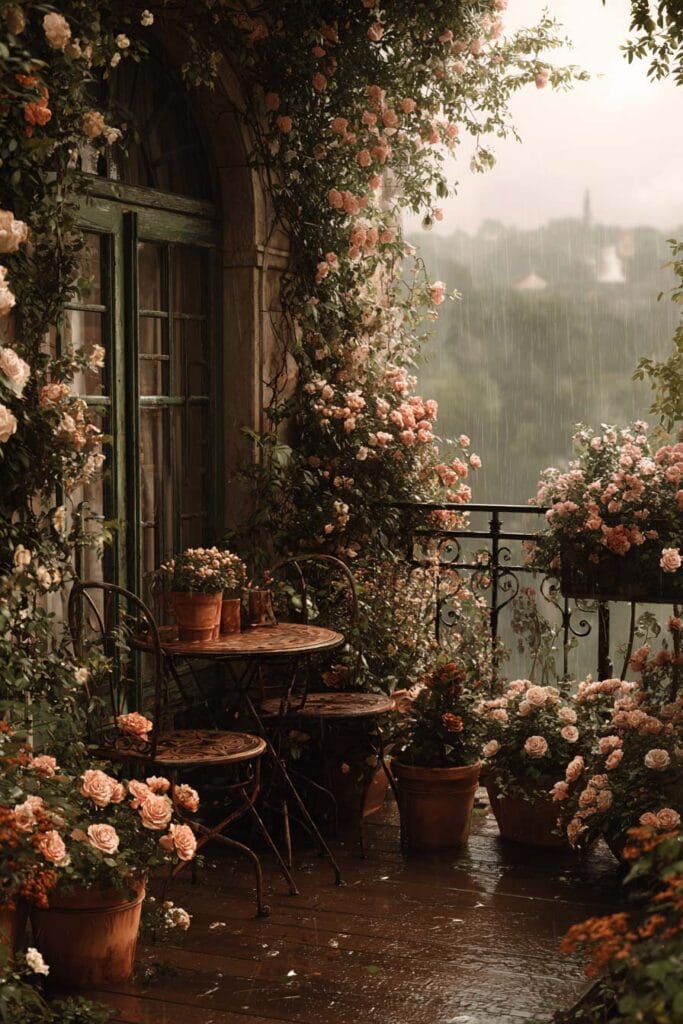 A romantic cottagecore balcony with climbing pink roses, vintage metal bistro furniture, terracotta flower pots, wrought iron railing, and a rainy garden view creating a cozy vintage outdoor retreat.
