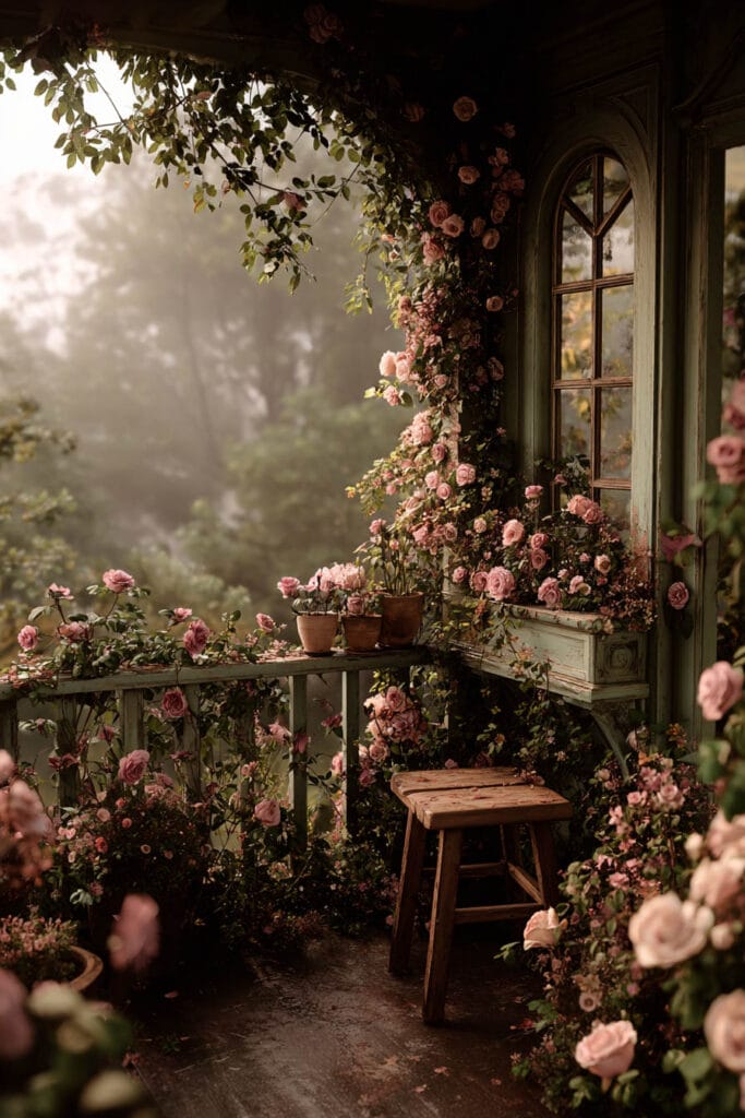 A romantic cottagecore balcony featuring climbing pink roses, vintage green shutters, weathered wood, rustic flower pots, and a simple wooden stool overlooking a misty garden.