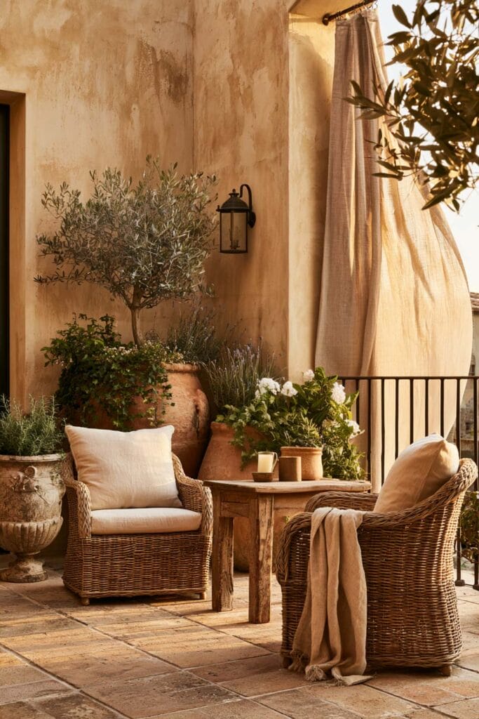 Romantic European balcony with wicker lounge chairs, terracotta planters, an olive tree, linen curtains, rustic wood furniture, and warm Mediterranean-inspired decor for a cozy outdoor escape.
