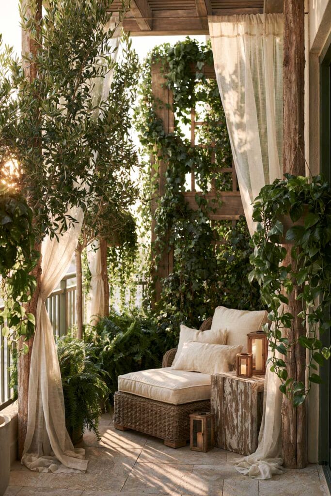 Secret garden balcony with linen curtains, wicker lounge chair, climbing vines, lanterns, olive tree, and European outdoor decor.