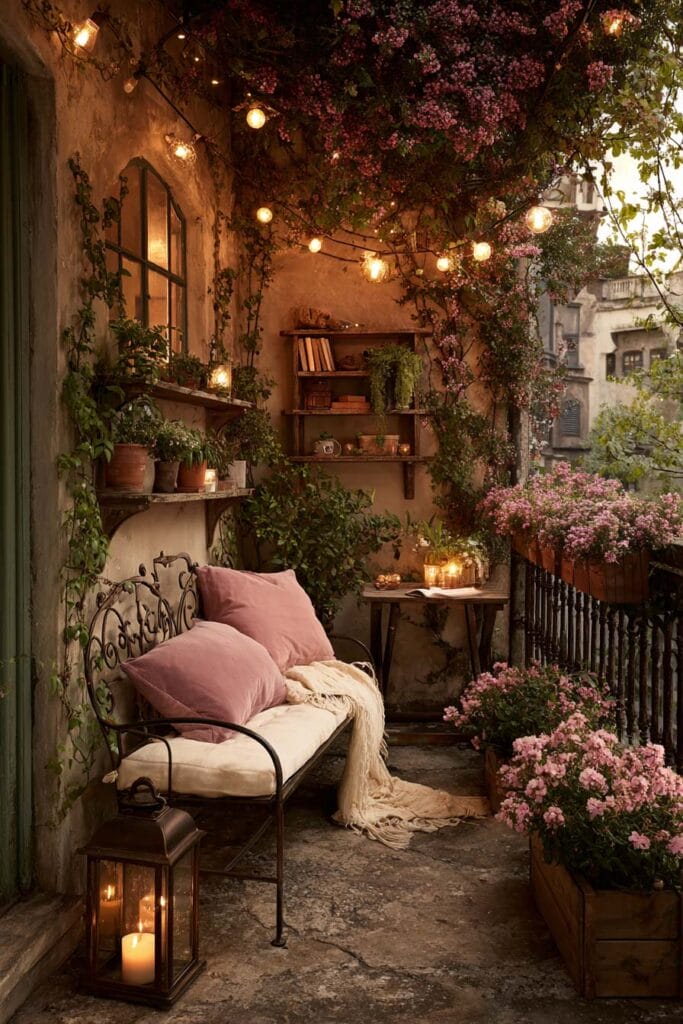Small cottagecore apartment balcony with a vintage metal bench, blush pink cushions, warm string lights, flowering vines, lantern candles, and rustic planter boxes creating a cozy outdoor retreat.