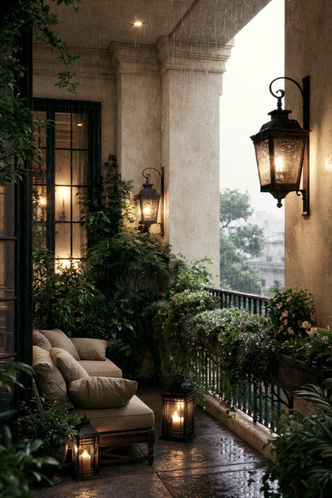 Beautiful European balcony on a rainy evening with glowing wall lanterns, cozy outdoor lounge seating, lush flower boxes, wrought iron railing, wet stone flooring, and classic European architecture.
