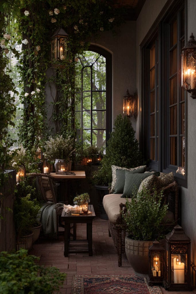 A romantic cottagecore balcony with blooming pink roses, a vintage floral tea set, weathered wooden table, antique books, and soft garden greenery creating a charming vintage-inspired outdoor retreat.