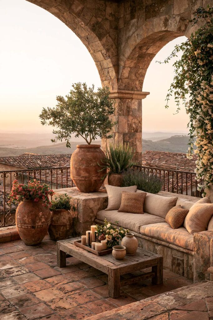 Cozy European balcony with stone arches, built-in stone sofa, terracotta urns, weathered wood coffee table, olive tree, climbing jasmine, and panoramic countryside views.