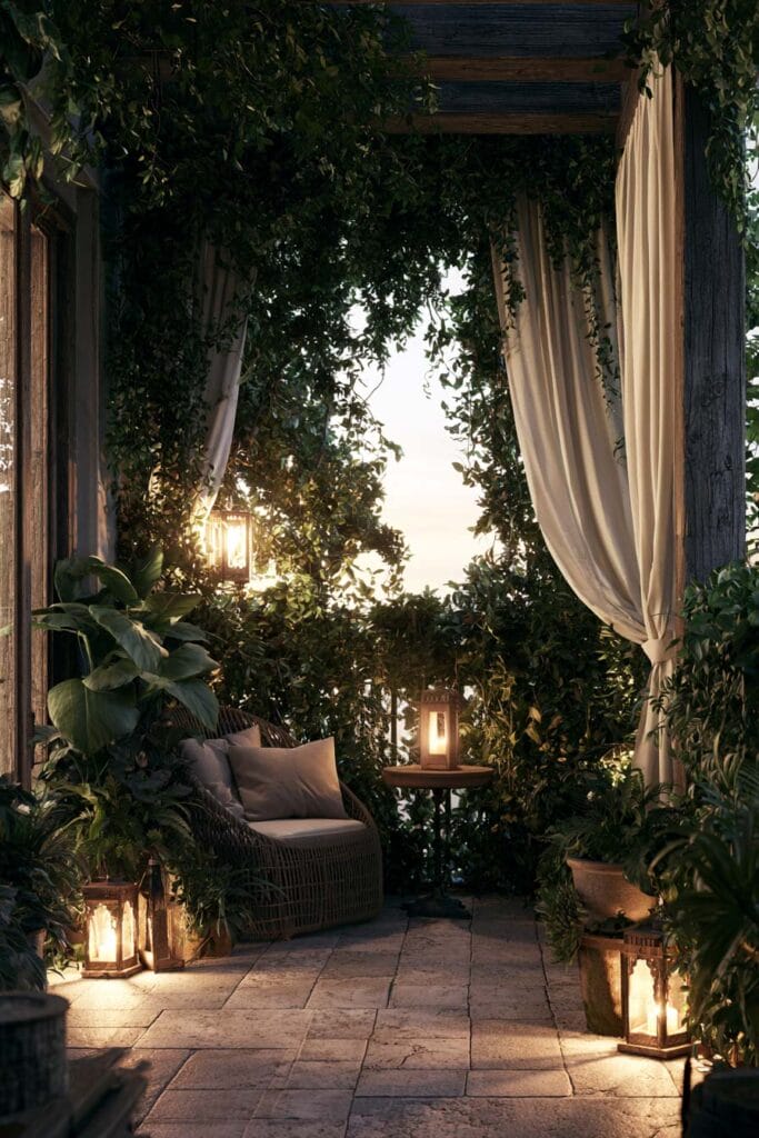 Hidden secret garden balcony with flowing linen curtains, wicker lounge chair, glowing lanterns, climbing vines, lush greenery, and a cozy European-inspired outdoor retreat at dusk.