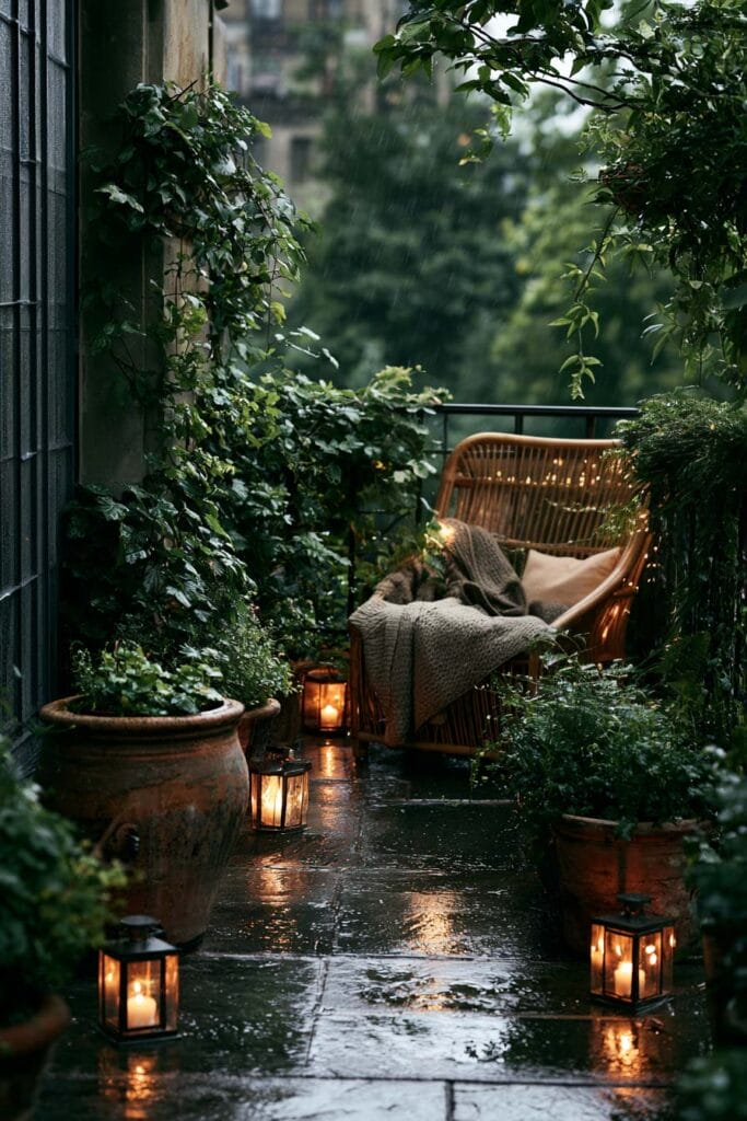 Rainy secret garden balcony with wicker chair, lanterns, climbing vines, wet stone floor, lush greenery, and cozy European outdoor decor.