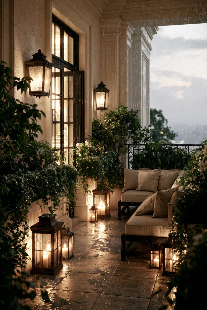 Romantic European balcony on a rainy evening with glowing lanterns, candlelight, cozy outdoor sofas, flower-filled planters, wet stone flooring, and elegant European architecture creating a warm outdoor retreat.