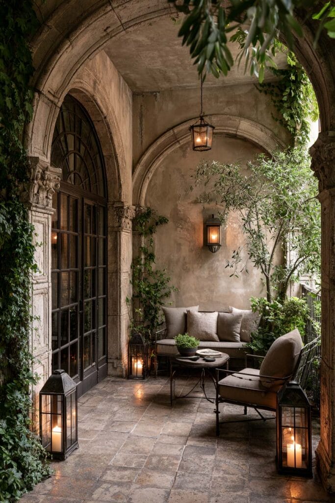 Beautiful European balcony with Old-World stone arches, French doors, glowing lanterns, olive tree, climbing ivy, elegant outdoor seating, and classic European architectural charm.