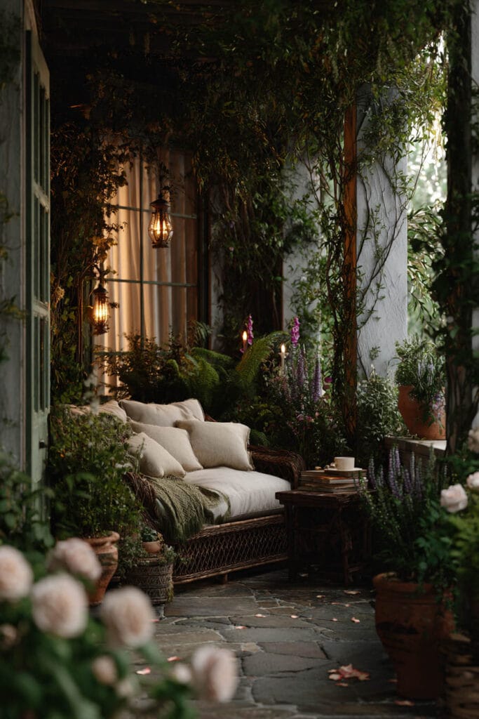 A whimsical cottagecore balcony with a cozy wicker daybed, glowing vintage lanterns, climbing vines, terracotta planters, flowering plants, stone flooring, and lush greenery creating a magical outdoor retreat.