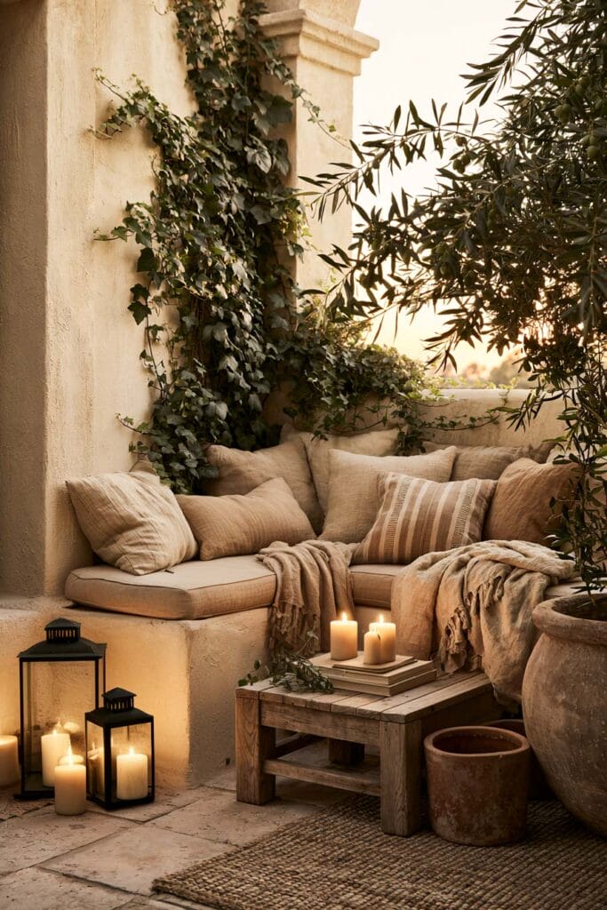 Cozy European balcony with built-in bench seating, linen cushions, candle lanterns, rustic wood coffee table, climbing ivy, olive tree, and warm Mediterranean courtyard style.